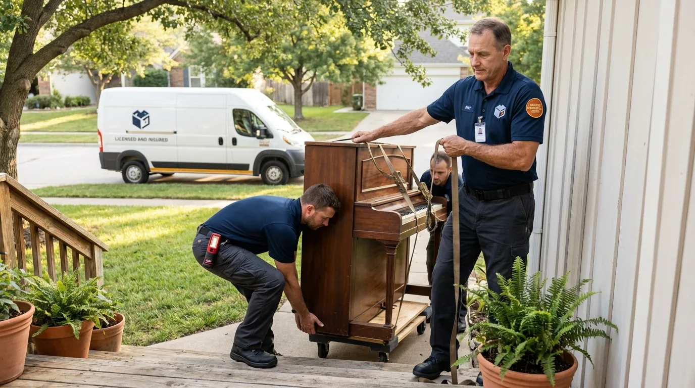 Licensed piano movers securing grand piano in Cottage Grove, WI