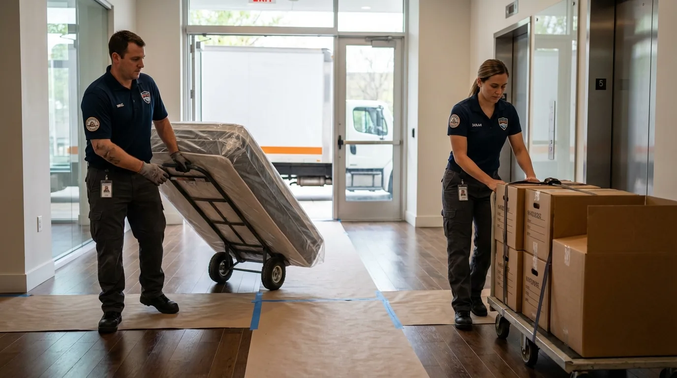 Professional apartment movers loading elevator in Cottage Grove, WI